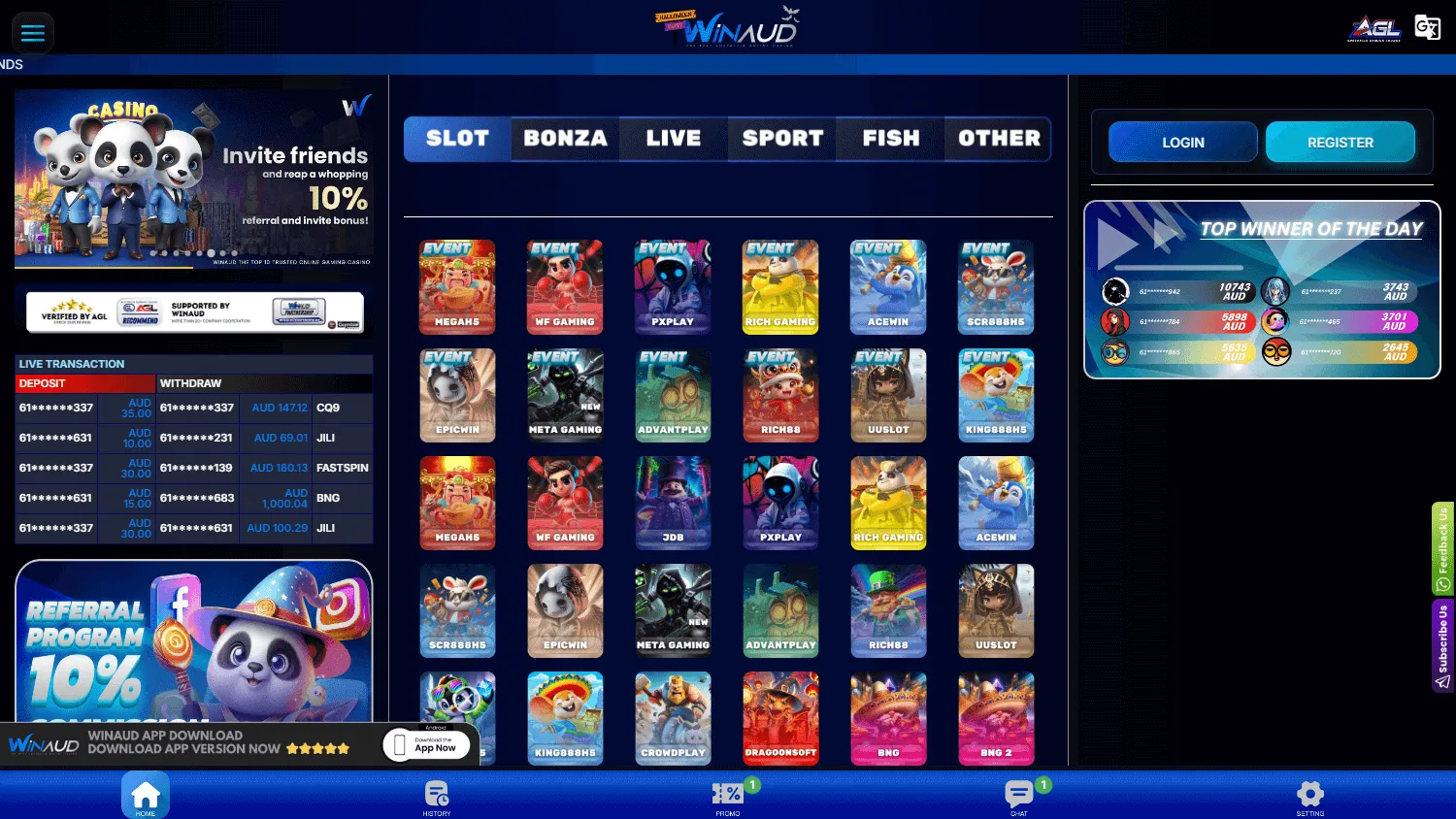 Winaud Casino desktop game selection with pokies, live casino and betting