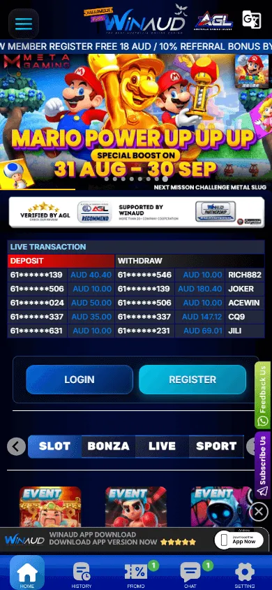 Winaud Casino mobile game selection with pokies, live tables and game shows