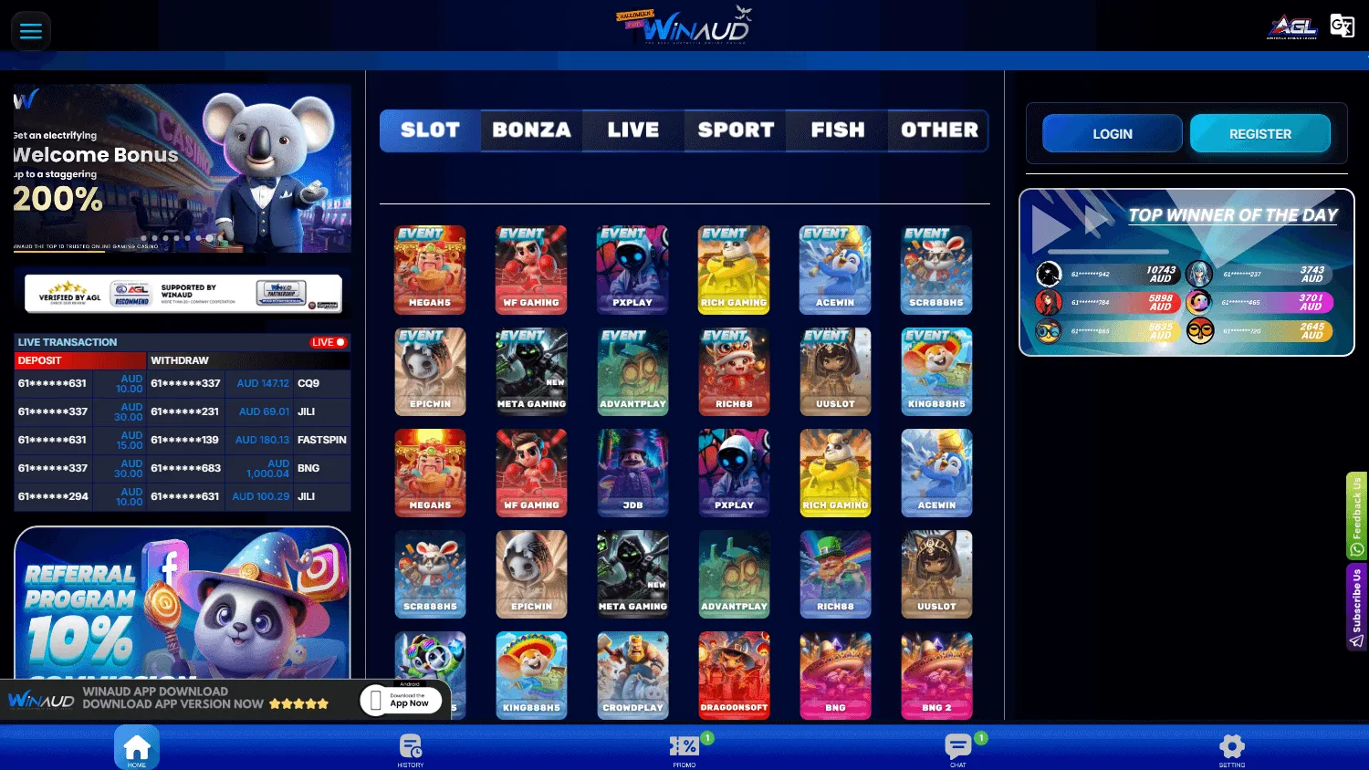 Winaud Casino desktop home experience with AUD casino and betting offers
