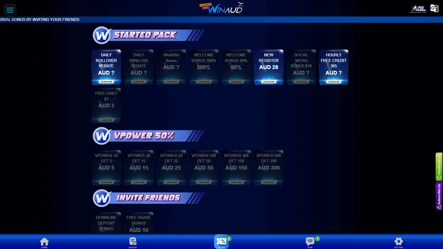 Winaud Casino desktop promotions including bonuses, leaderboard and referral offers